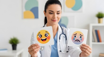 Doctor holding happy and sad emoji cards in counseling session for patient emotion assessment