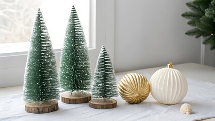 Holiday display with three miniature green bottle brush trees and two elegant round ornaments, one golden and one white, on a light surface