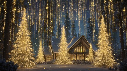 Twinkling lights hang from tall trees illuminating a rustic cabin in the snow. The serene landscape delivers a magical winter atmosphere at night inviting warmth and wonder.