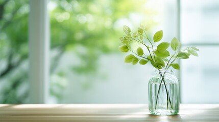 Delicate green leaves are arranged in a clear glass vase on a wooden table. Soft sunlight pours through a nearby window highlighting the fresh foliage and creating a serene atmosphere.