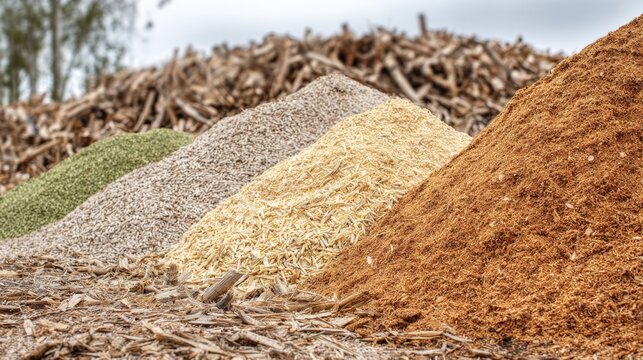 Different types of organic materials are stacked in vibrant piles at a landscaping site. The colors range from green to brown showcasing sustainability.
