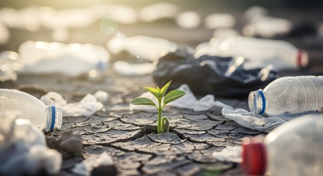 Environmental change and hopeful growth amidst pollution and drought, earth day awareness and conservation efforts - Powered by Adobe