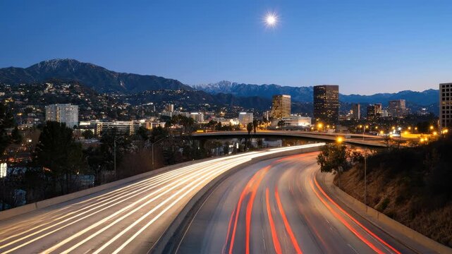 Glowing cityscape at dusk with mountains, bright streetlights, and trails of moving car lights on a highway under a clear, moonlit sky, urban dusk.