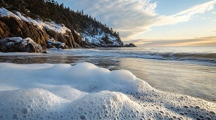 Waves crashing on a rocky beach during sunset with snow-covered trees in the background
