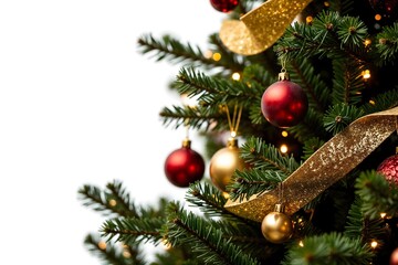 Decorative Christmas tree adorned with shiny ornaments and golden ribbon
