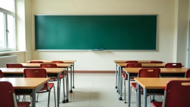 School interior with desks, chairs, and a blackboard