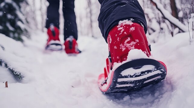 Snow shoeing adventure on a winter trail with vibrant red footwear in a snowy forest