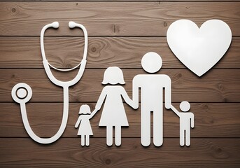 Family health care concept with stethoscope and heart on wooden background for medical awareness and wellness promotion