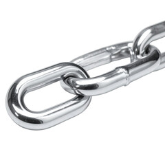 Close-up view of shiny metal chain links isolated against a black background.