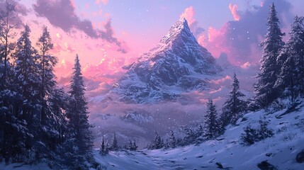 Snowy mountain landscape with vibrant sunset and tall pine trees in winter