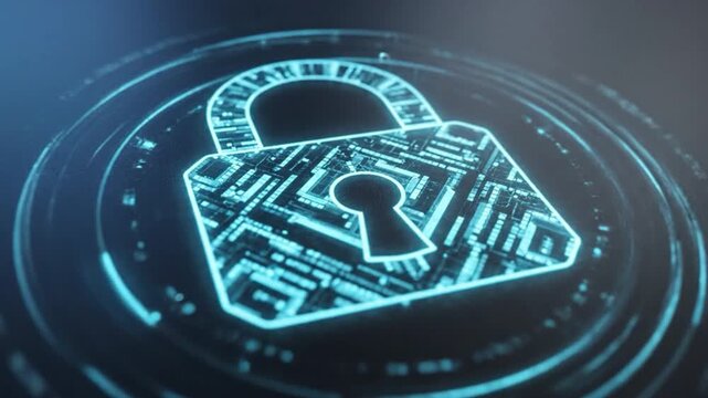 Futuristic digital lock symbolizing cybersecurity, with glowing circuits and abstract patterns in the background