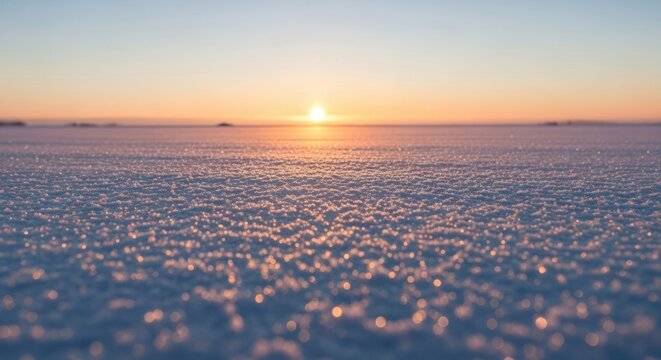 Sparkling crystalline snow surface glittering beautifully in the warm golden light of a winter sunset over a vast frozen landscape with a clear sky and soft bokeh effect - Powered by Adobe