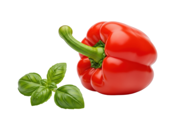 Vibrant, glossy red bell pepper with green stem, tilted at 45 degrees, beside a fresh, verdant basil sprig, isolated against a pristine, shadowless transparent background. Concept of fresh produce