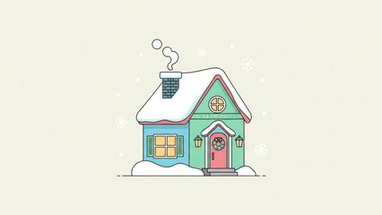 Fototapeta premium Charming winter house illustration with snow-covered roof and festive wreath, perfect for holiday cards, seasonal promotions, and creating a cozy atmosphere