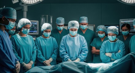 Professional team of diverse surgeons and assistants in blue scrubs and masks looking down at a patient during a critical operation in a dark, modern theater