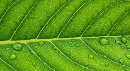 Close-up of a bright green leaf surface covered in morning dew drops, revealing an intricate network of veins and cellular structure for a fresh, natural abstract background