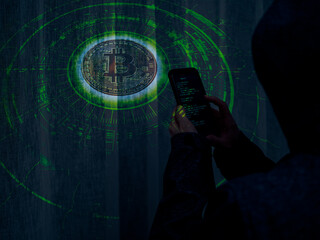 Hacker with smartphone targeting Bitcoin in futuristic green cyber interface