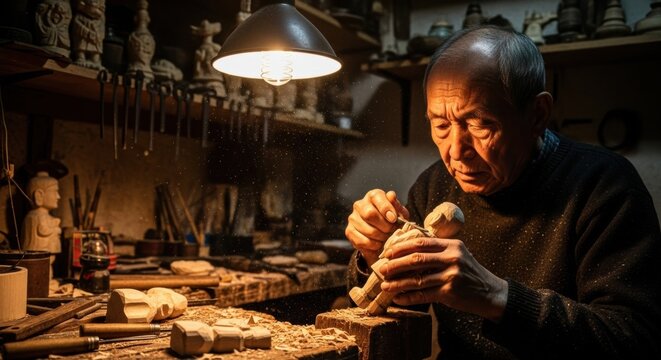 Elderly Asian craftsman carving a small wooden figurine with a chisel in his dimly lit, traditional workshop, with sawdust particles illuminated by a warm pendant lamp - Powered by Adobe