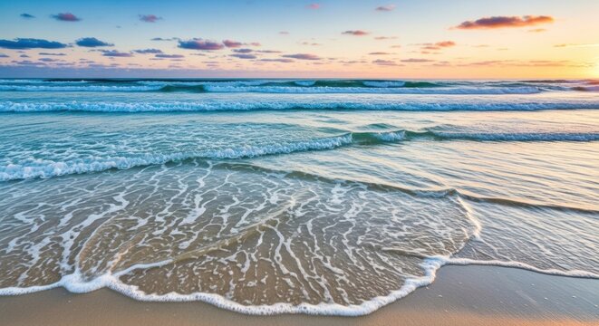 Beautiful tranquil ocean waves with white foam washing ashore on a wet sandy beach during a spectacular golden sunset with a pastel colored sky and horizon