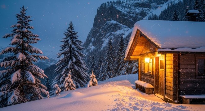 Rustic wooden cabin with a warm glowing light is nestled in a snowy mountain forest during a magical winter evening with heavy falling snow