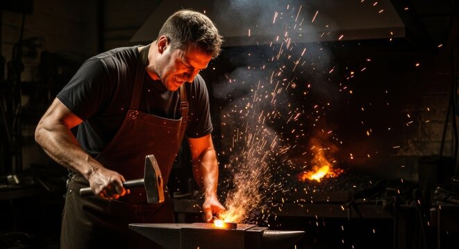 Strong male blacksmith in a leather apron hammers a glowing hot piece of metal on an anvil, creating sparks in a dark, traditional workshop with a fiery forge