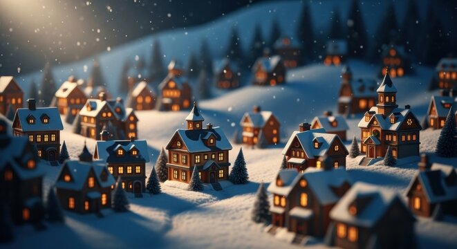 Miniature winter village with glowing windows sits on a snowy landscape at night under a gentle snowfall, creating a cozy and magical holiday atmosphere - Powered by Adobe