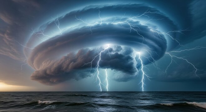 Massive supercell thunderstorm with multiple bright lightning bolts striking the turbulent ocean, creating a dramatic and powerful apocalyptic weather phenomenon - Powered by Adobe