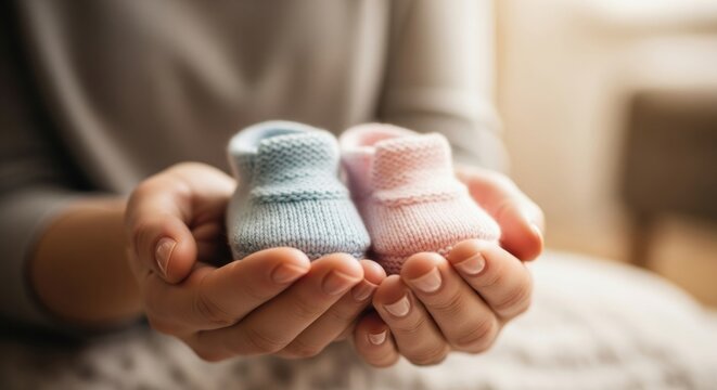 Tiny blue and pink knitted baby booties held gently in a woman's cupped hands, symbolizing pregnancy, twins, or a gender reveal with soft, warm natural light