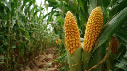 Fototapeta premium Two ears of corn are clearly visible among the green stalks in a vibrant field. The crops are healthy and ripe typical of late summer harvest time.