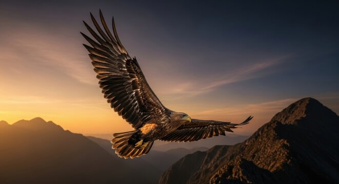 Majestic brown eagle with wings spread soars gracefully over a mountain range during a dramatic golden sunset, symbolizing freedom and power
