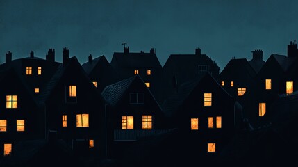 Nighttime view of houses with glowing windows in a quiet neighborhood at dusk