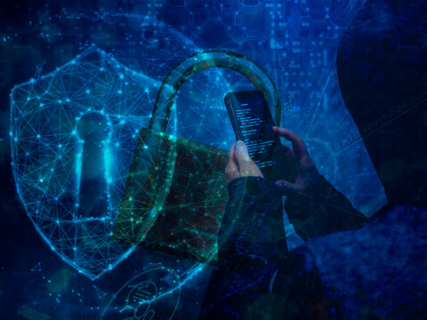 Mobile hacker and digital padlock symbolizing cybersecurity and data protection - Powered by Adobe