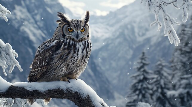 Majestic owl perched on snowy branch in mountainous landscape under a cloudy sky