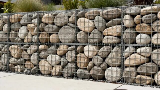 Medium shot of a gabion wall showcasing tightly packed stones within wire cages enhancing a modern landscape with natural textures and strong structural design.