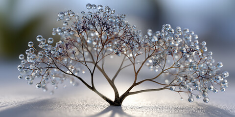 Artistic depiction of a silver tree sculpture with shimmering details  