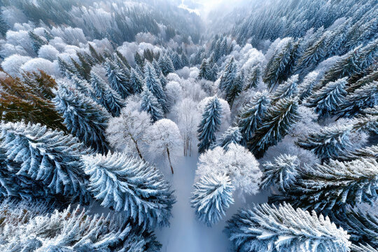 Snowy Forest Canopy Aerial View in Winter
