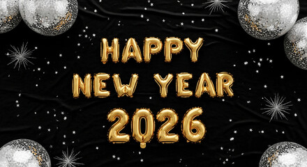 Arrangement of golden balloon letters "Happy New Year 2026" and disco ball orbs on dark fabric sprinkled with star shapes, representing celebration