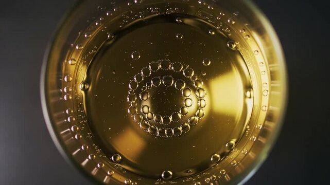 Bubbles forming a spiral pattern in champagne
