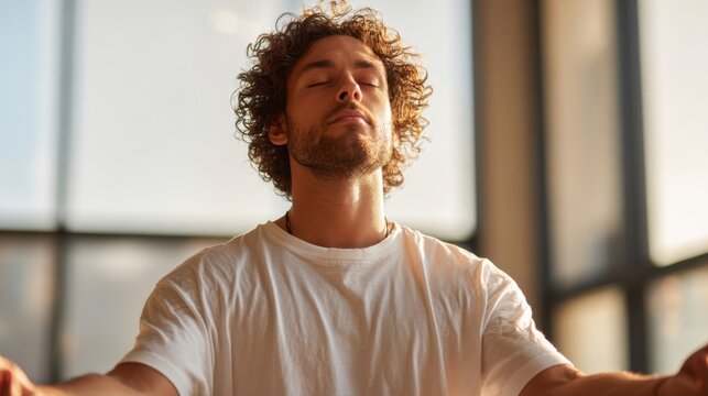 A young man with curly hair sits in a calm sunlit space eyes closed and face relaxed. He is practicing mindfulness meditation embracing tranquility early in the day. - Powered by Adobe