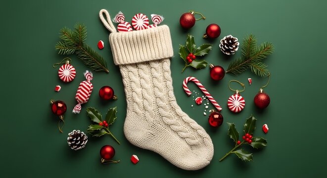 Festive christmas stocking scene with candy and decorations on green background for holiday greeting cards and seasonal designs
