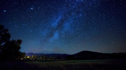 Stars shine brightly in the clear night sky creating a beautiful display above a serene landscape with mountains and trees. The scene captures the tranquility of nature after sunset.