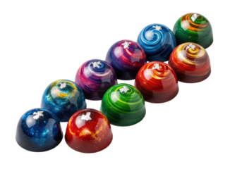 Nine vibrant spherical gourmet truffles featuring cosmic nebula patterns, edible silver leaf, varied textures, arranged on a seamless transparent background. Decadent luxury confectionery concept