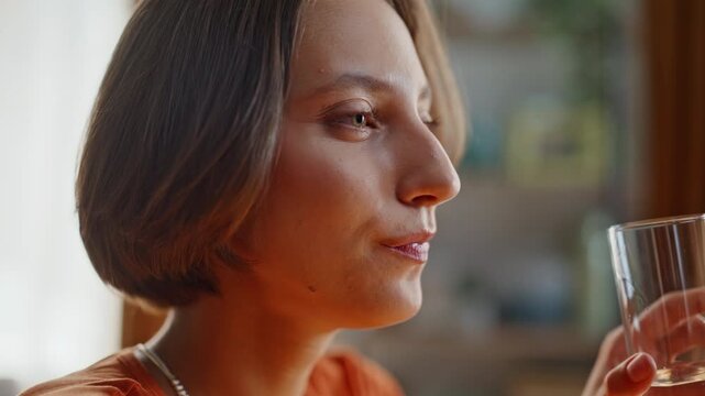 Closeup woman drinking water in apartment kitchen. Smiling lady enjoying aqua 