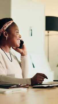 Black woman, reading and laptop with phone call at house for discussion, interview source and proposal. Person, remote work and pc to contact editor, story headline and publication inquiry in lounge