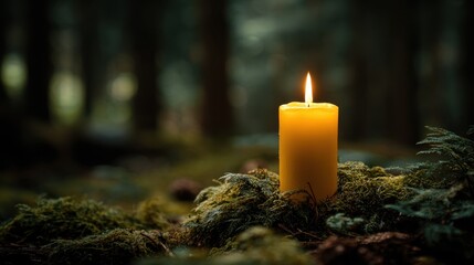 A bright yellow candle flickers gently atop lush green moss in a tranquil forest setting as the sun sets creating a peaceful and calming atmosphere.
