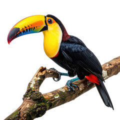Fototapeta premium Vibrant close-up of a Toucan perched on a mossy branch against a dark background.