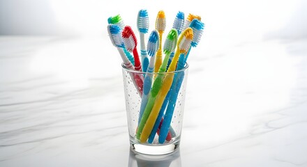 Bright array of colorful toothbrushes in glass on white marble surface for promoting oral hygiene awareness