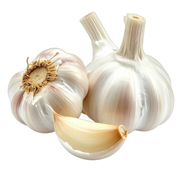 A close-up view of two whole garlic bulbs and one individual clove against a black background.