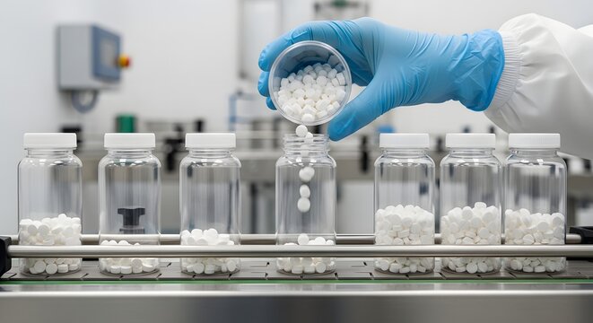 Pharmaceutical manufacturing process with gloved hands filling bottles with tablets in a laboratory setting