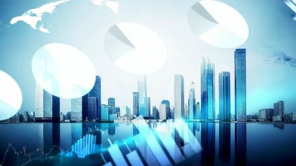 Contemporary city skyline viewed through abstract financial graphs, pie charts, and data analysis elements. Perfect for business, finance, economics and urban development concepts. Stock trading - Powered by Adobe
